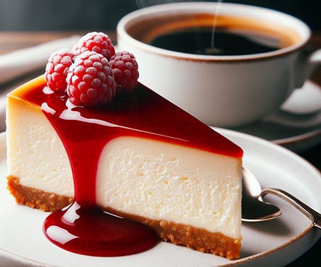 Una tarta de queso estilo tradicional acompañada de un café